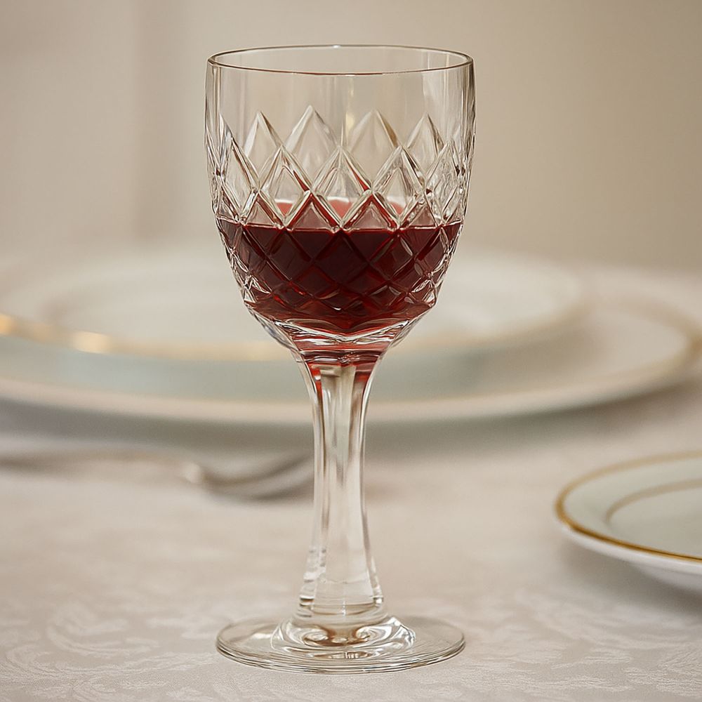 Elegantes Kristall-Weinglas mit rotem Wein auf weißer Damasttischdecke. Kunstvoller Diamantschliff im oberen Bereich, an venezianisches Design erinnernd. Im unscharfen Hintergrund helle Teller mit goldenen Rändern.