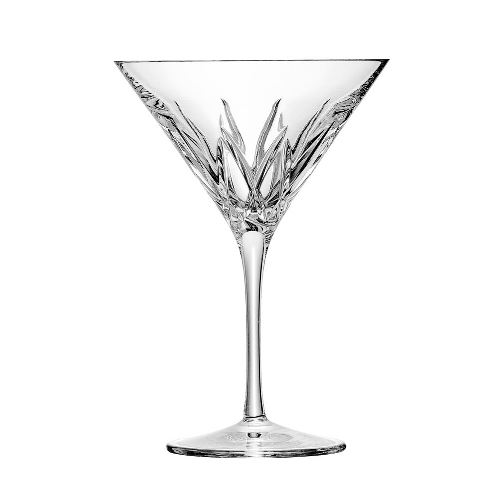 An elegant, clear ‘ ARNSTADT KRISTALL ’ cocktail glass from the London range, featuring a classic bowl that widens towards the top, set on a slender stem and a round base. The lower half of the bowl features intricate cut patterns that reflect light.