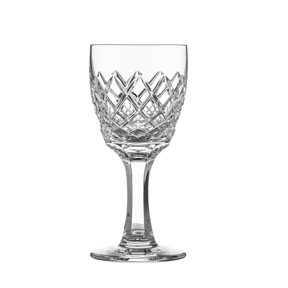 Klares Kristall-Weinglas mit brillantem Diamant-Schliffmuster am Kelch, das das Licht schön reflektiert. Mit stabilem Stiel und rundem Fuß, freigestellt auf weißem Hintergrund. Hochwertige Handwerkskunst der Arnstadt Kristall Venedig Serie.