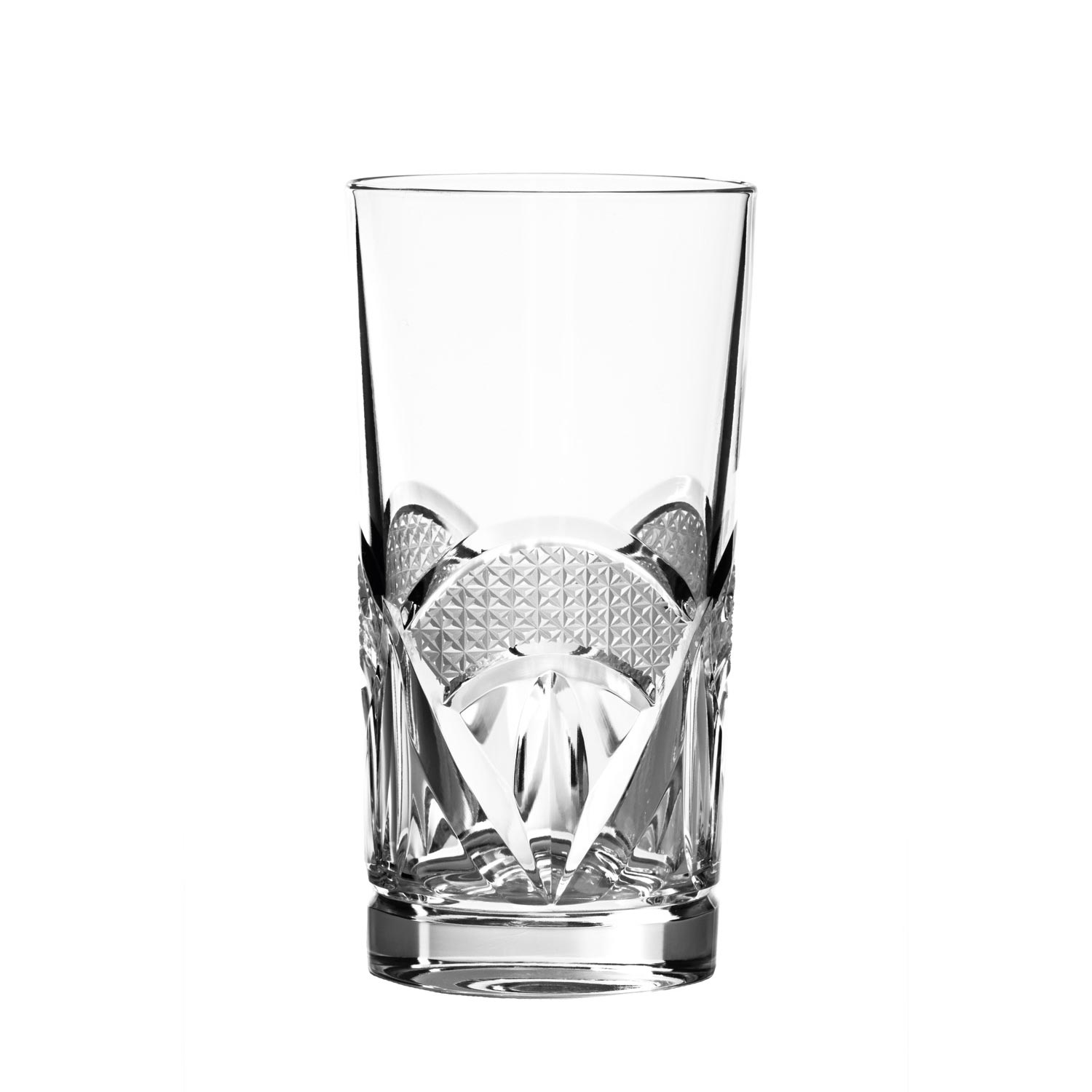 A tall, cylindrical long drink glass made from clear crystal glass. The base is elaborately decorated with tapered, fan-shaped cuts and finely textured diamond-shaped patterns. The top is smooth and transparent.