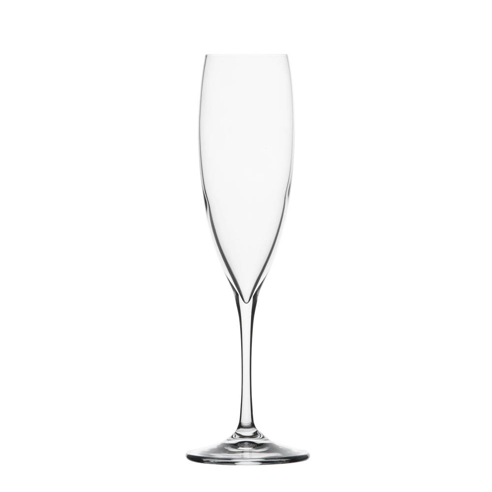 A clear, empty champagne flute crafted from high-quality crystal glass, presented against a white background. Tall and slender with an elegant bowl, a slender stem and a sturdy, round base. Classic, simple, light-reflecting, brilliantly polished.
