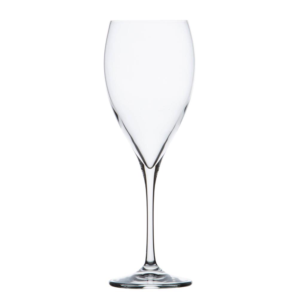 Schlankes, klares ARNSTADT KRISTALL Weissweinglas aus Kristallglas auf dünnem Stiel und rundem Fuß. Hoher, leicht tulpenförmiger Kelch, nach unten verjüngt, betont die elegante Form. Leer, lichtreflektierend.